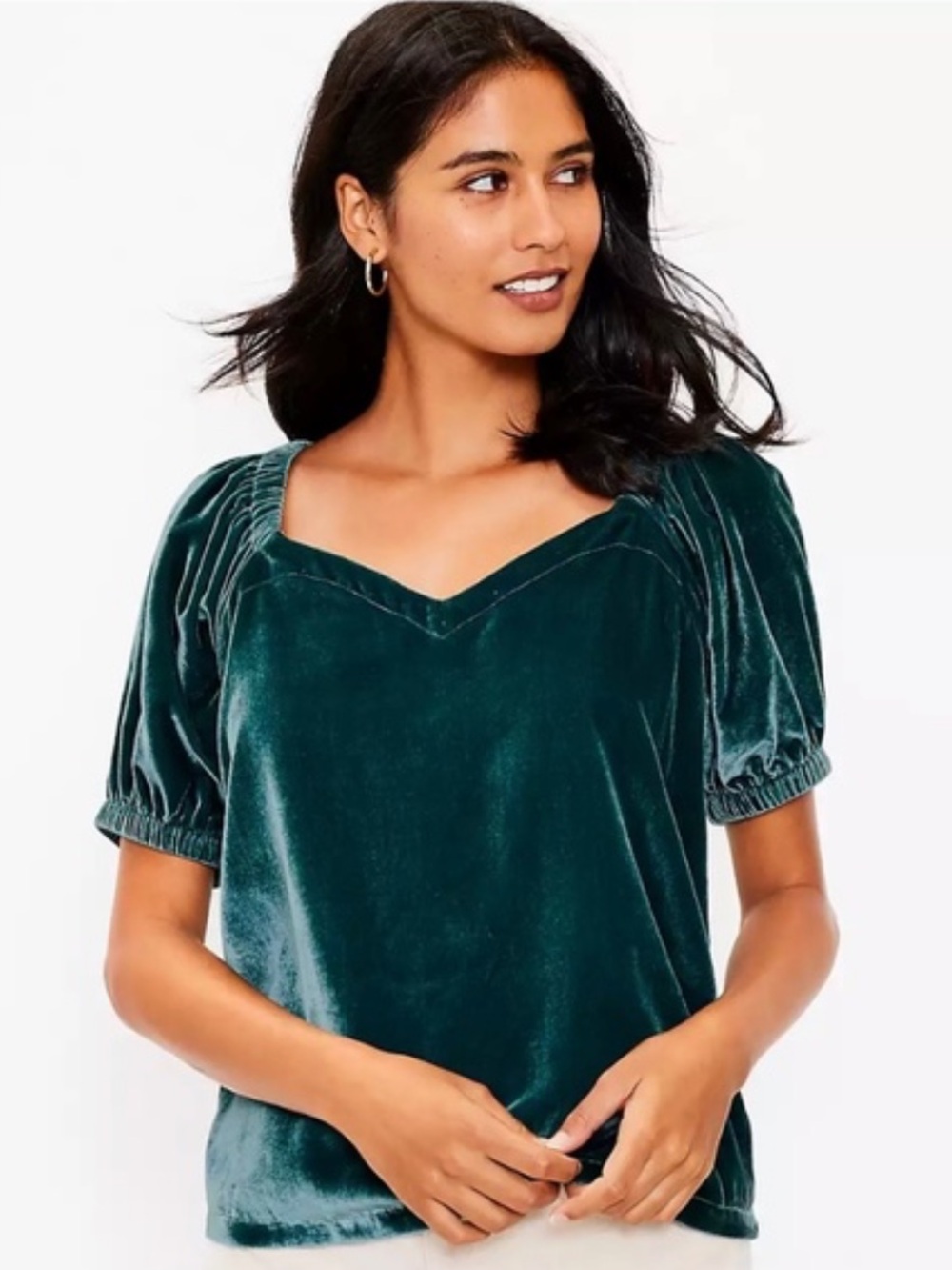 NWT LOFT Velvet Green Puff-Sleeve Top Size XL